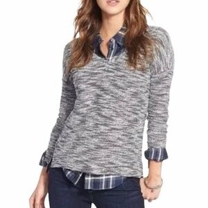 SALE PAIGE Martine Slub Marled Knit V-Neck Pullover Sweater Black & White Small